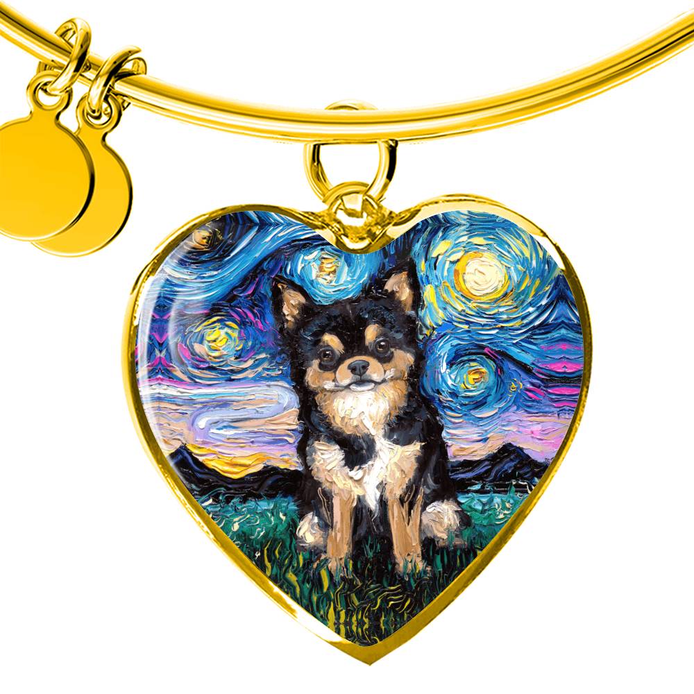 Black & Tan Long Hair Chihuahua Starry Night Heart Bangle
