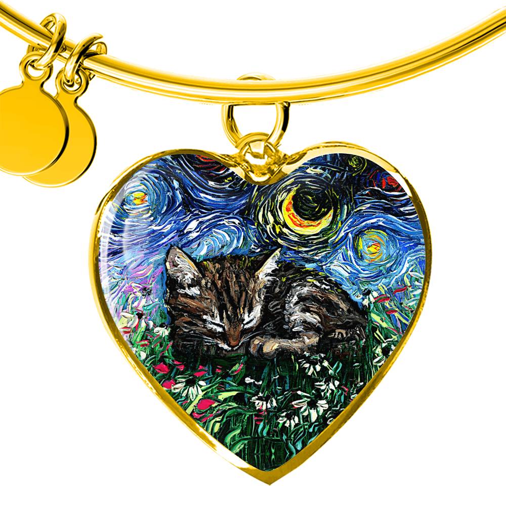 Sleeping Tabby Kitten Starry Night Heart Bangle