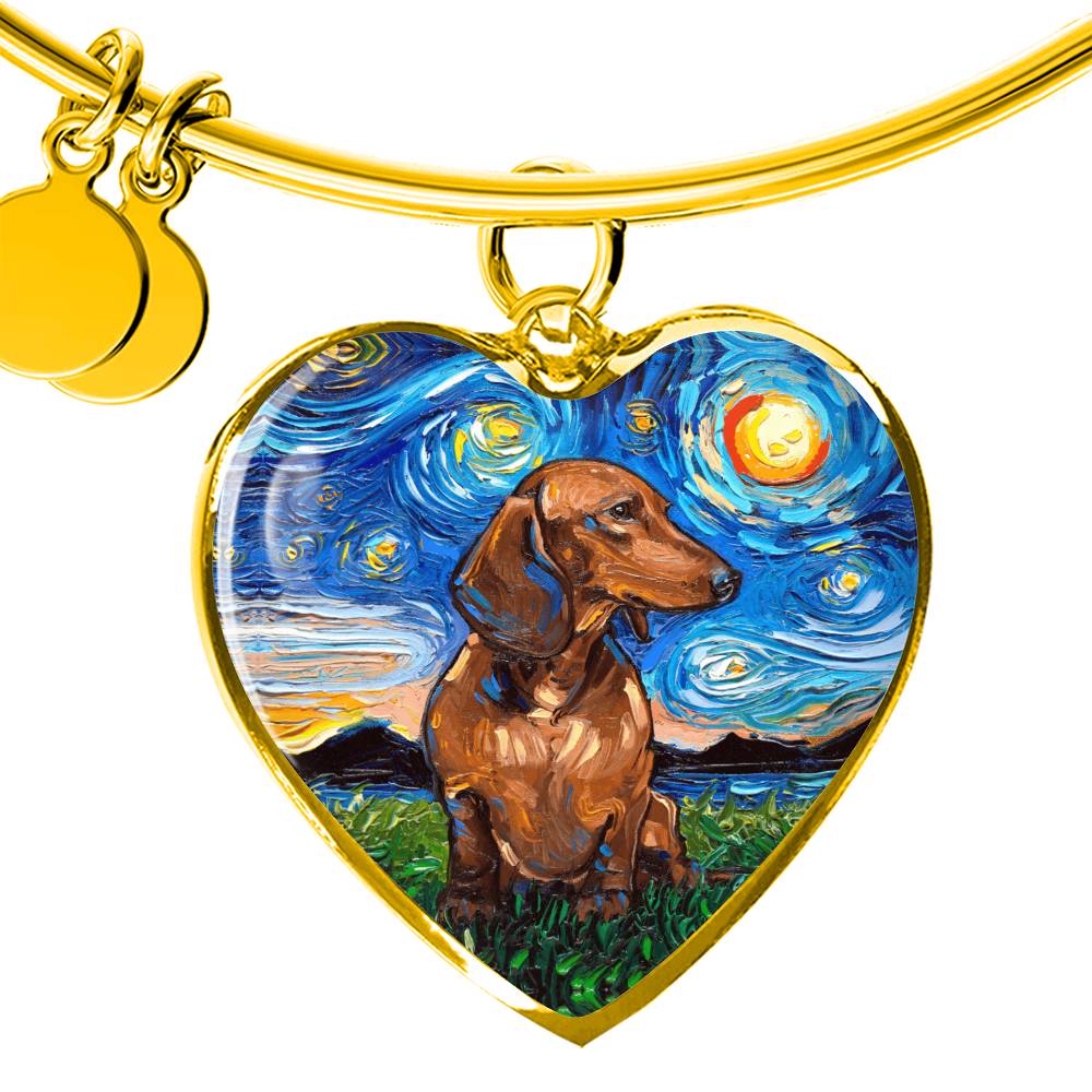 Brown Dachshund Starry Night Heart Bangle Bracelet