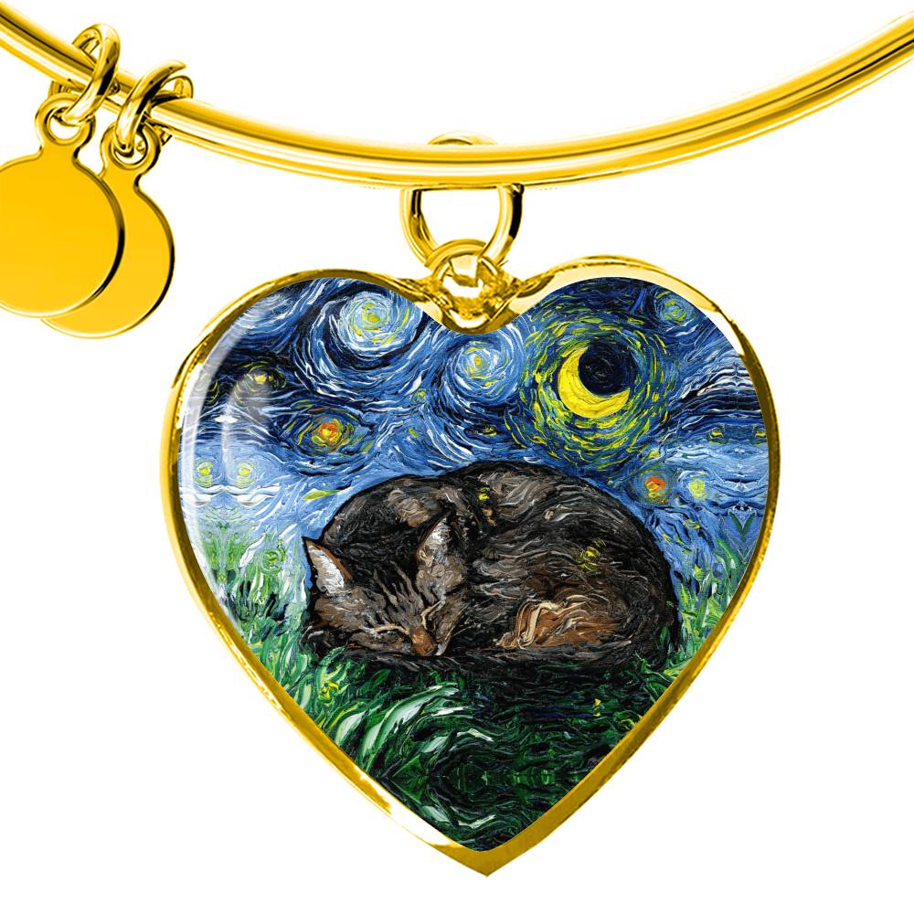 Sleeping Brown Tabby Cat Starry Night Heart Bangle Bracelet
