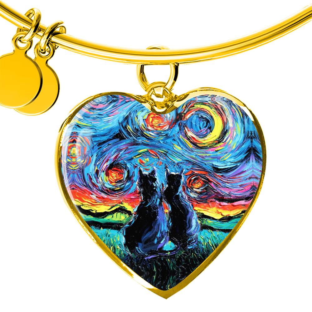van Gogh's Cats Starry Night Heart Bangle Bracelet