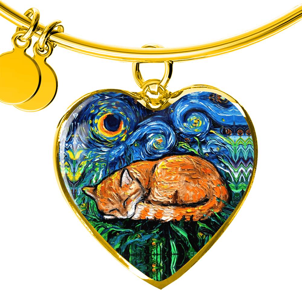 Sleeping Orange Tabby Cat Starry Night Heart Bangle Bracelet