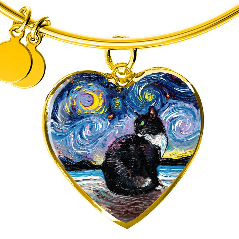 Tuxedo Cat with Green Eyes Starry Night Heart Bangle