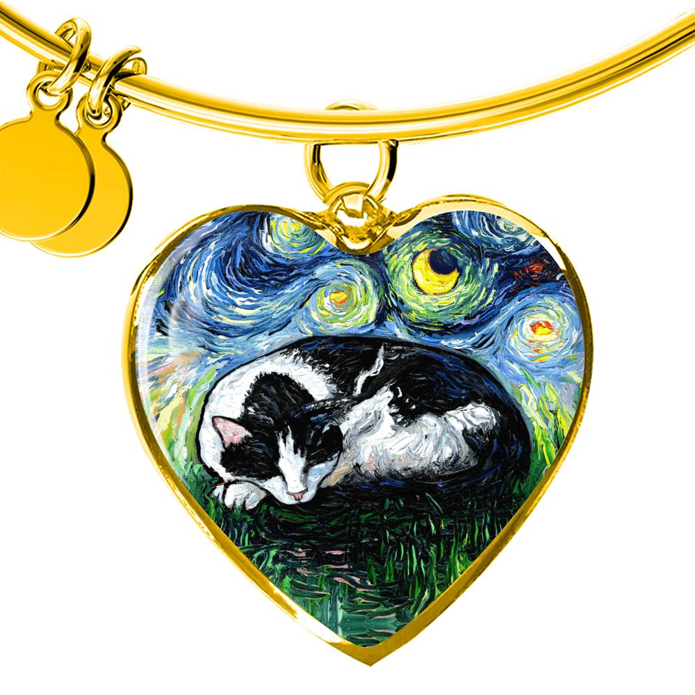 Sleeping Tuxedo Cat Starry Night Heart Bangle