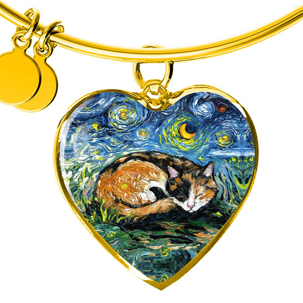 Sleeping Calico Cat Starry Night Heart Bangle Bracelet