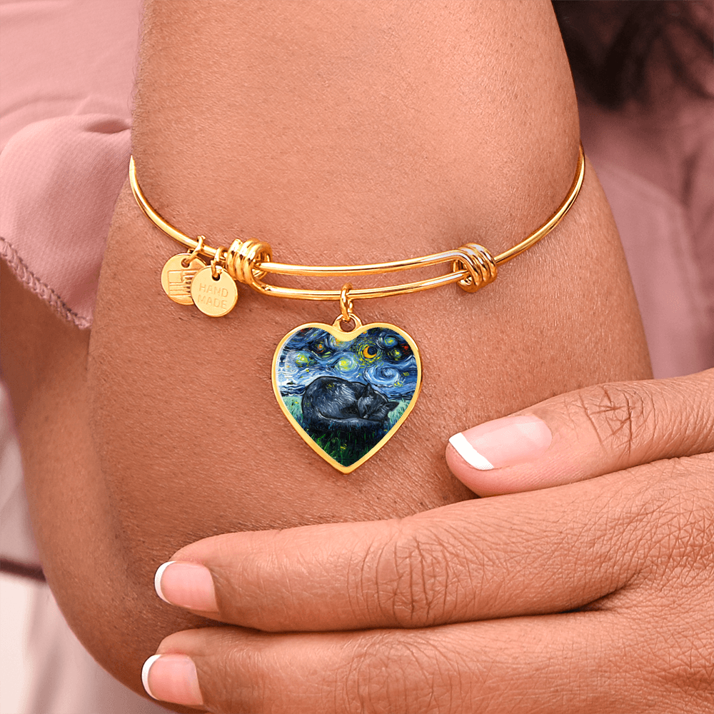 Sleeping Black Cat Starry Night Heart Bangle