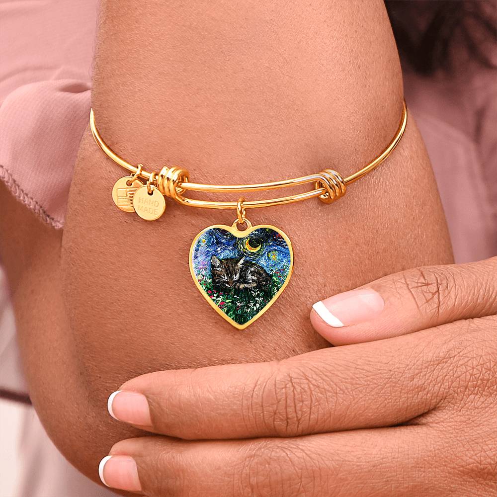 Sleeping Tabby Kitten Starry Night Heart Bangle