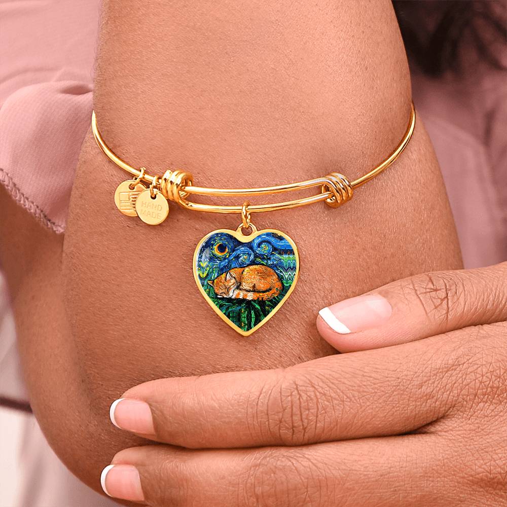 Sleeping Orange Tabby Cat Starry Night Heart Bangle Bracelet