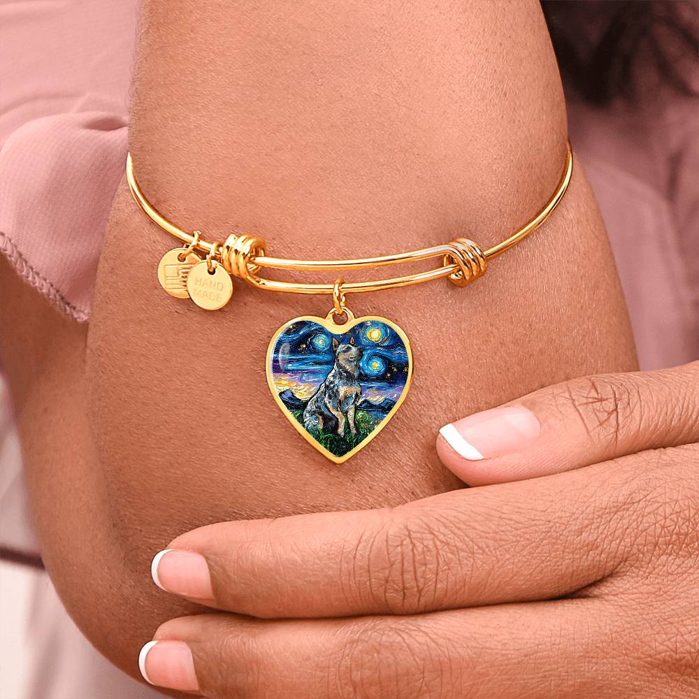 Blue Heeler Portrait Starry Night Heart Bangle Bracelet