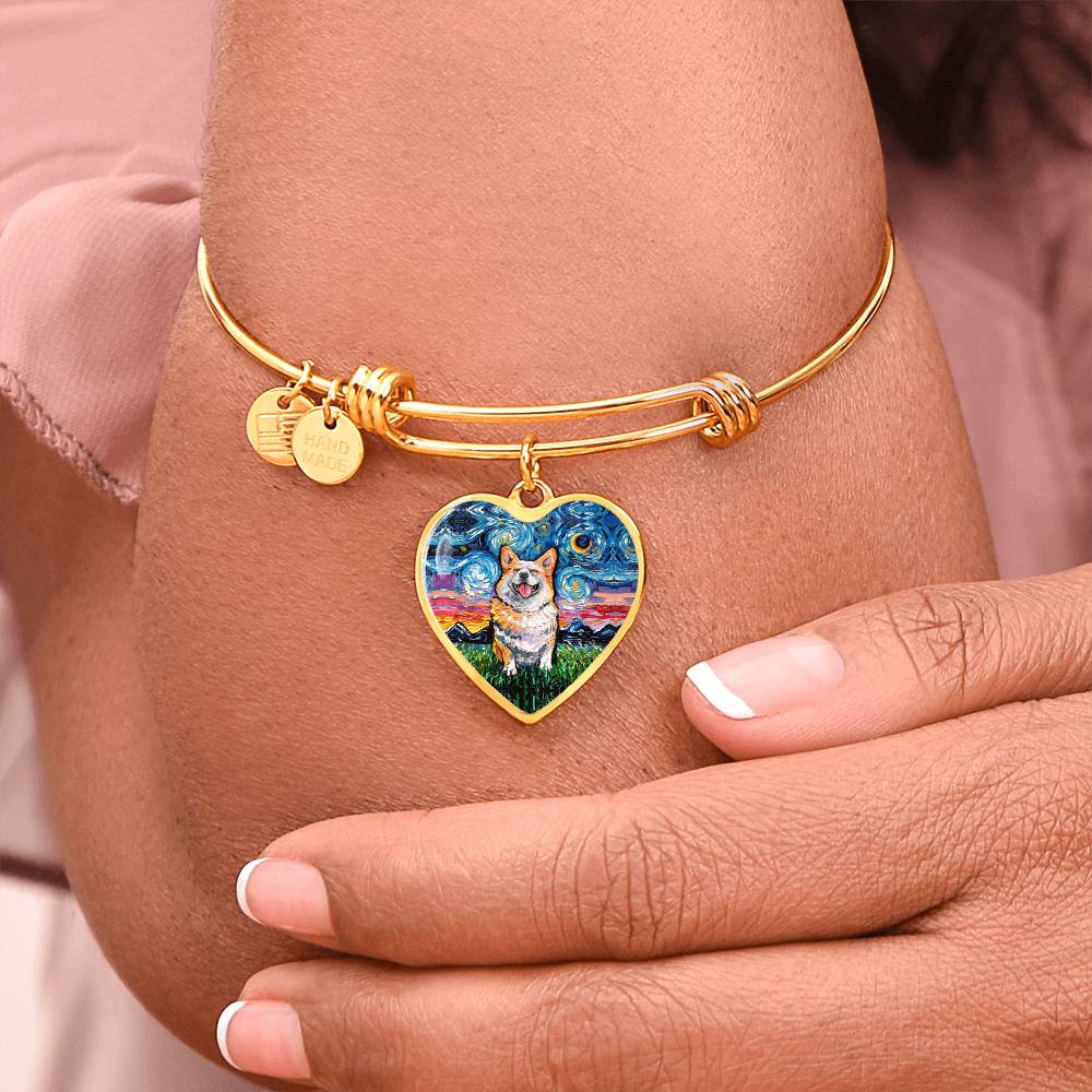 Smiling Corgi Starry Night Heart Bangle Bracelet