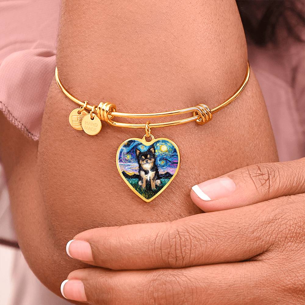 Black & Tan Long Hair Chihuahua Starry Night Heart Bangle