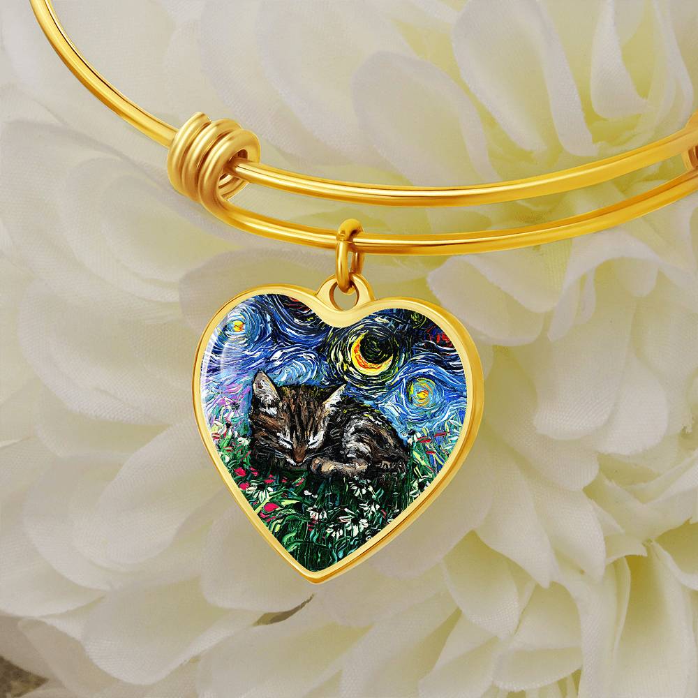 Sleeping Tabby Kitten Starry Night Heart Bangle