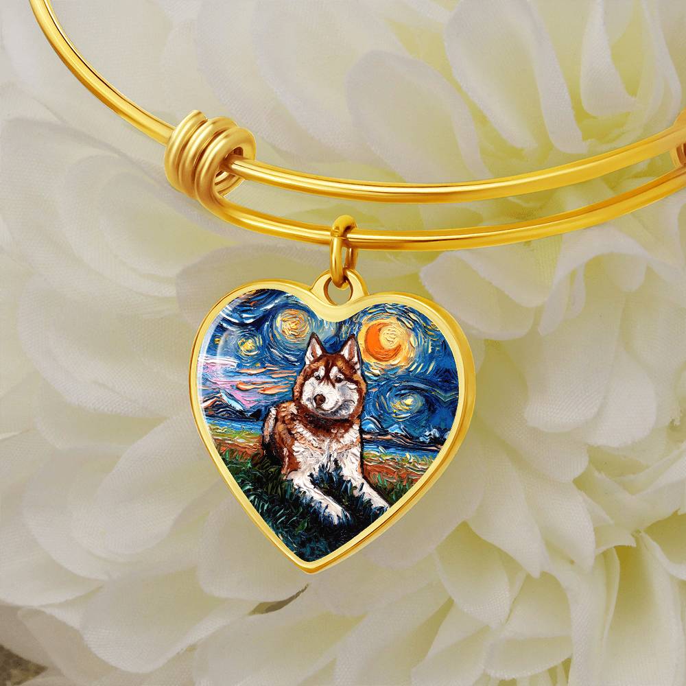 Red and White Husky Starry Night Heart Bangle Bracelet