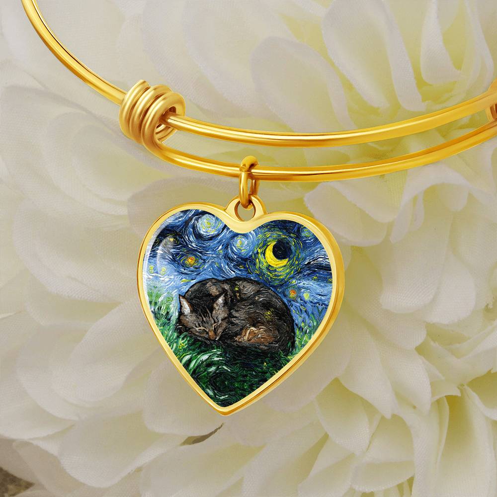 Sleeping Brown Tabby Cat Starry Night Heart Bangle Bracelet