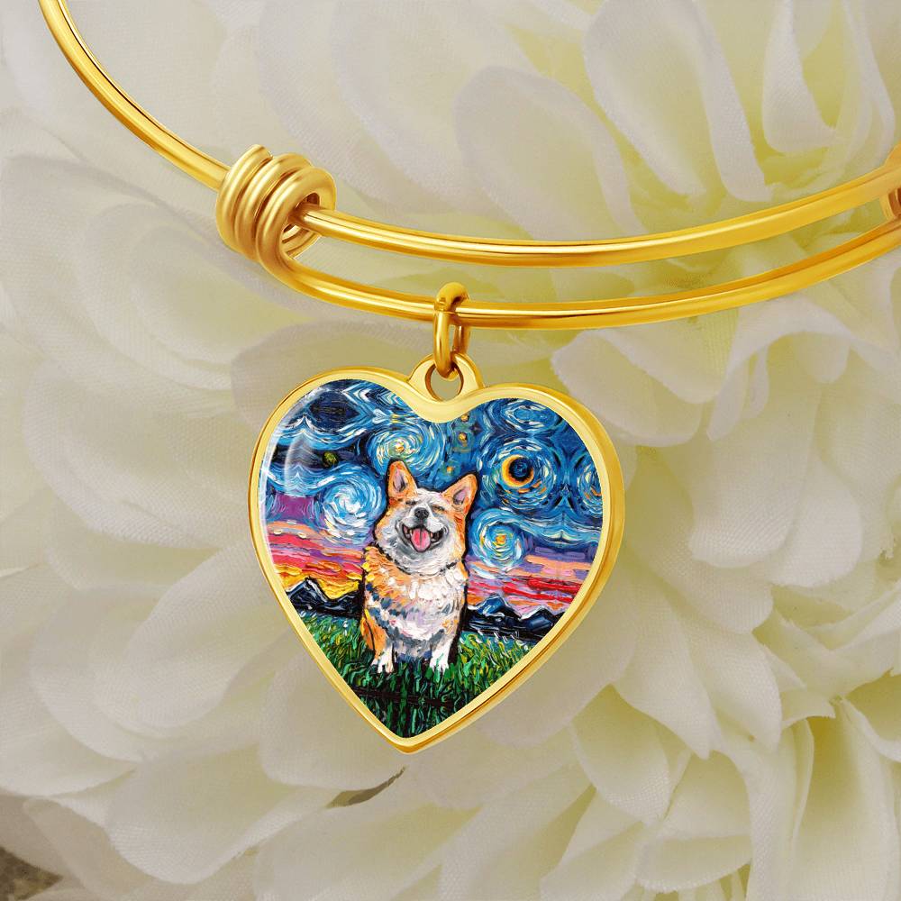 Smiling Corgi Starry Night Heart Bangle Bracelet