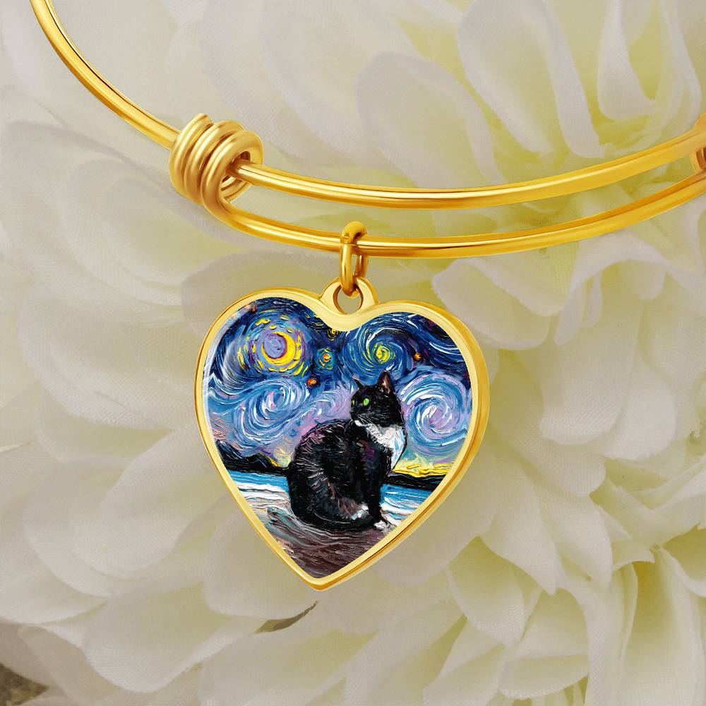 Tuxedo Cat with Green Eyes Starry Night Heart Bangle