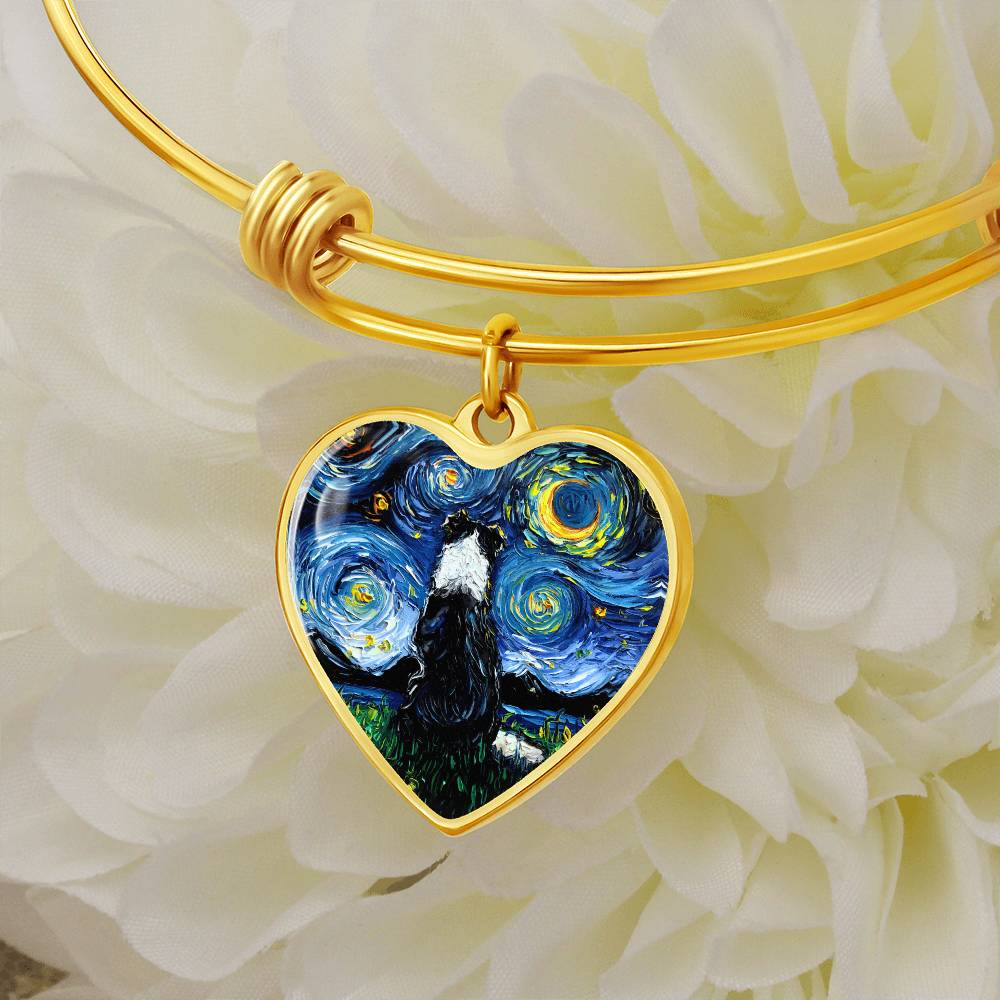 Border Collie Back Starry Night Heart Bangle Bracelet