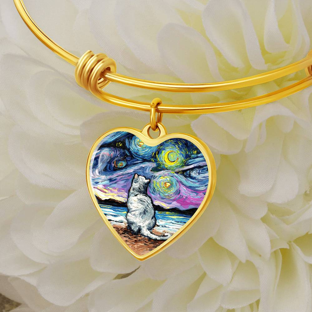 White Cat Starry Night Heart Bangle Bracelet