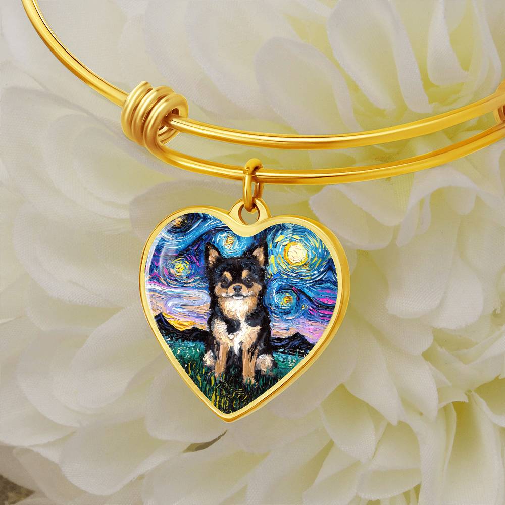 Black & Tan Long Hair Chihuahua Starry Night Heart Bangle