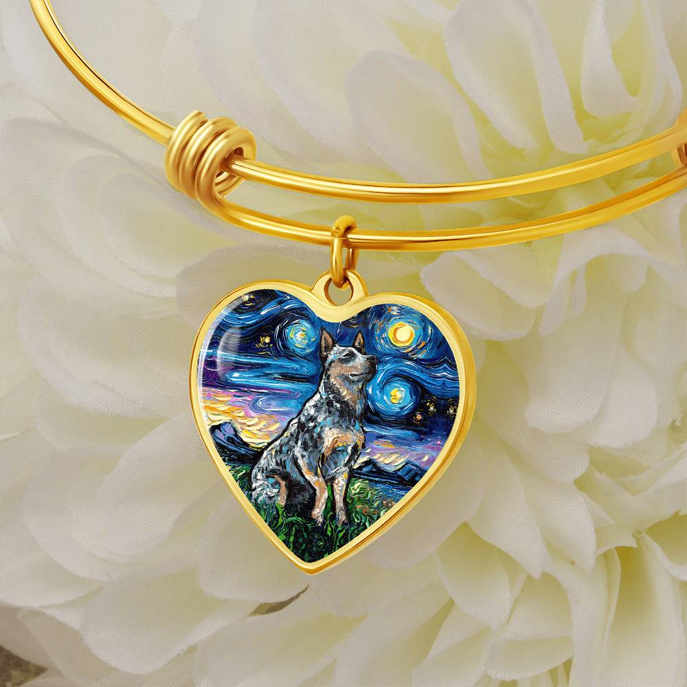 Blue Heeler Portrait Starry Night Heart Bangle Bracelet