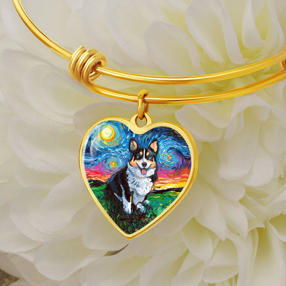 Tri Color Corgi Starry Night Heart Bangle Bracelet