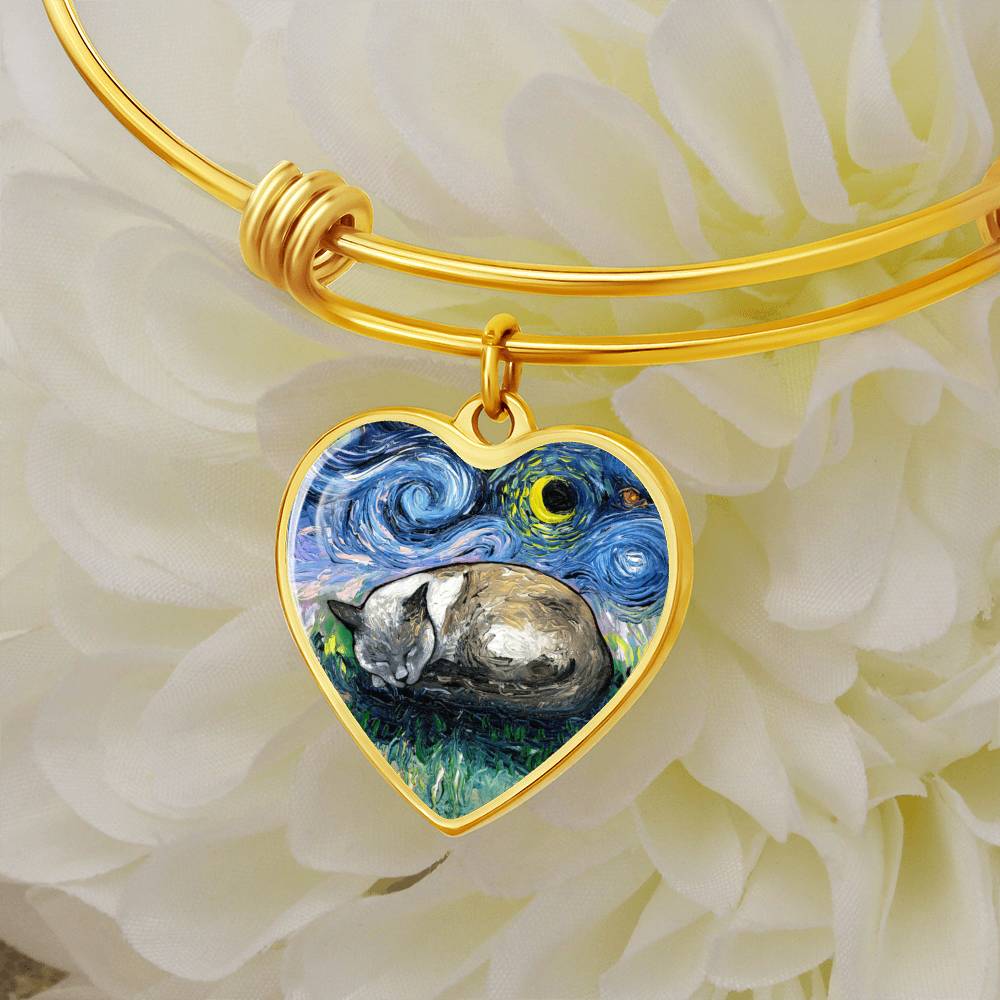 Sleeping Siamese Cat Starry Night Heart Bangle Bracelet