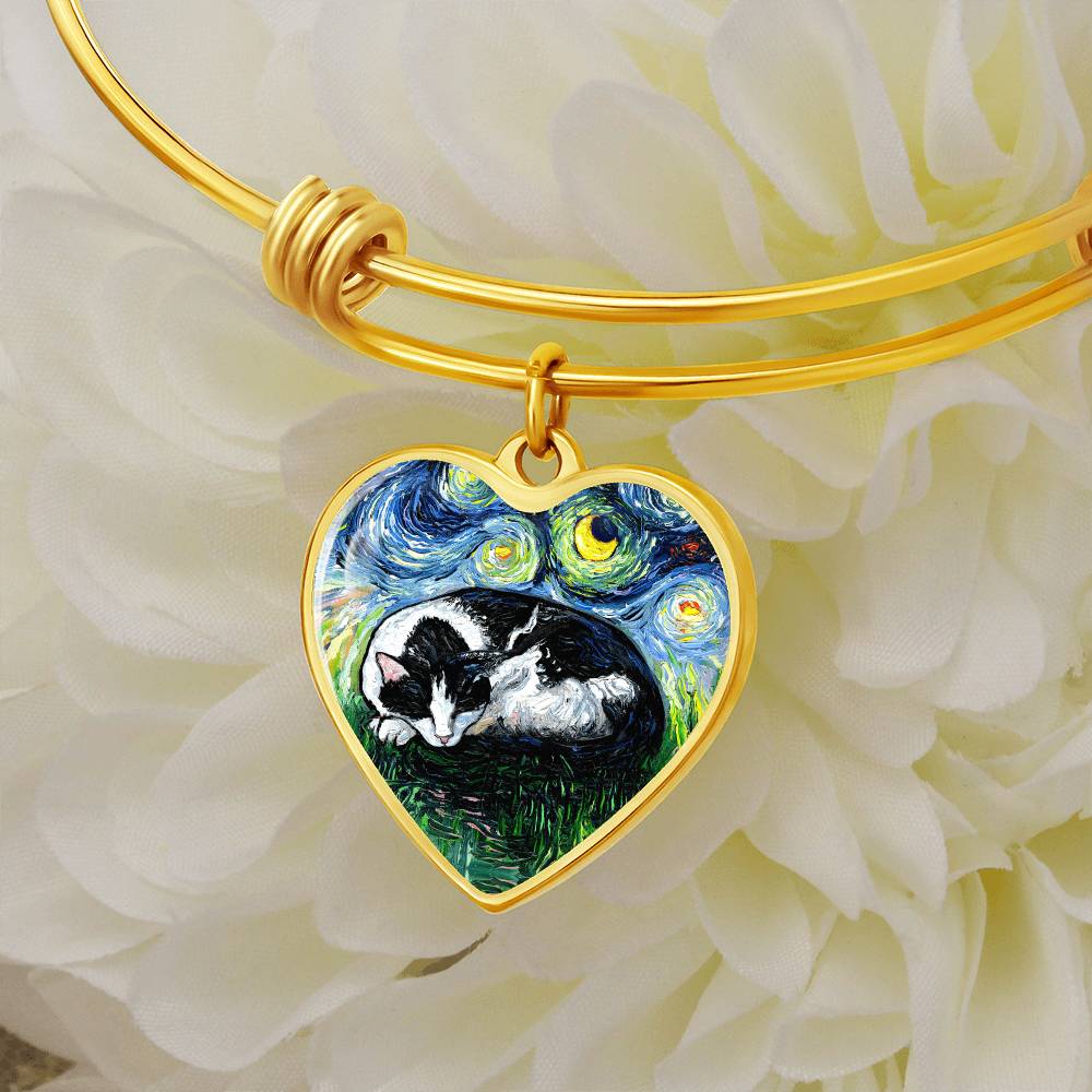 Sleeping Tuxedo Cat Starry Night Heart Bangle