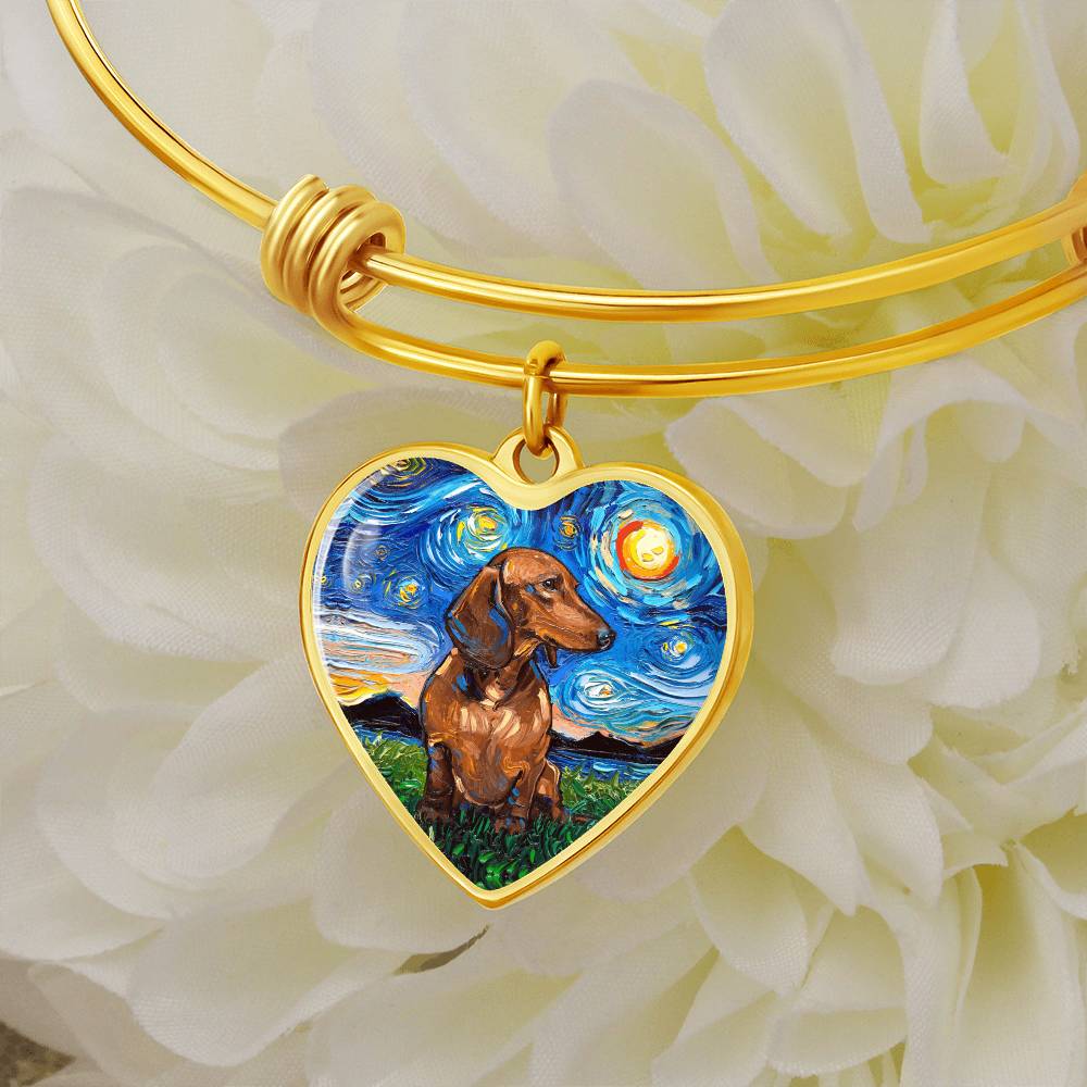 Brown Dachshund Starry Night Heart Bangle Bracelet