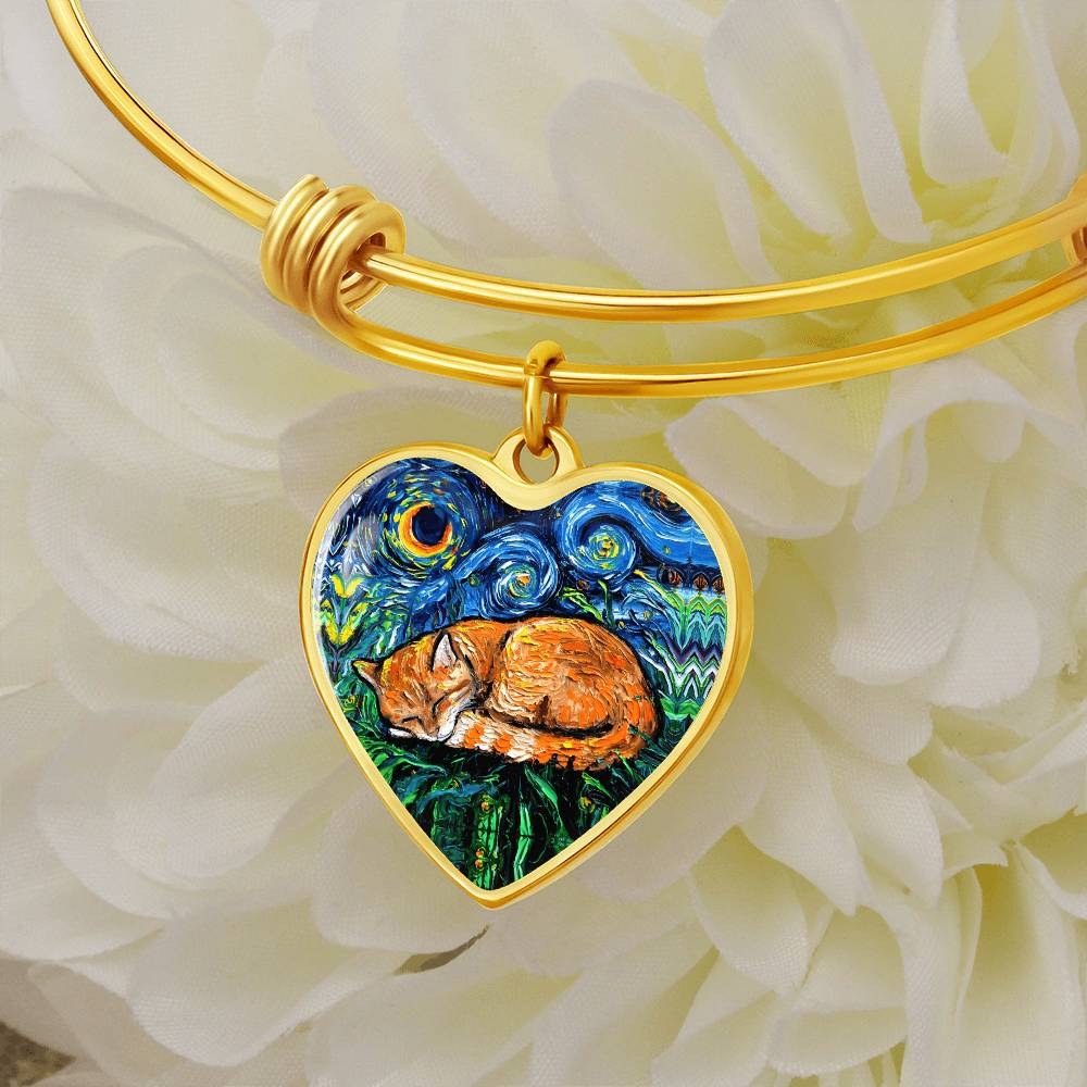 Sleeping Orange Tabby Cat Starry Night Heart Bangle Bracelet