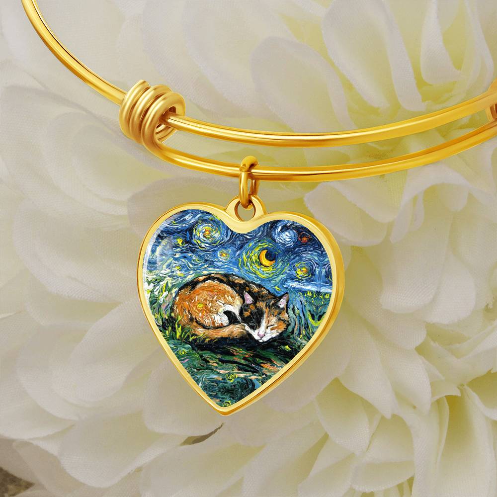 Sleeping Calico Cat Starry Night Heart Bangle Bracelet