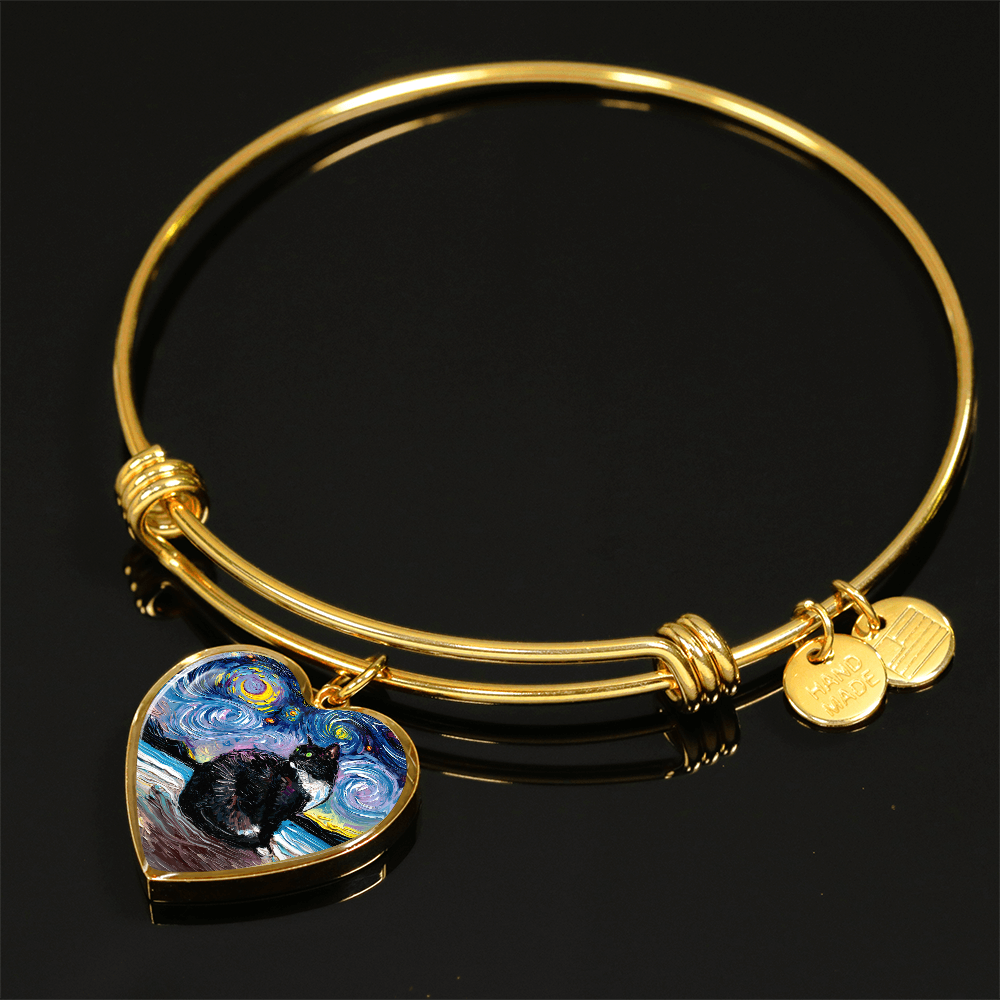 Tuxedo Cat with Green Eyes Starry Night Heart Bangle