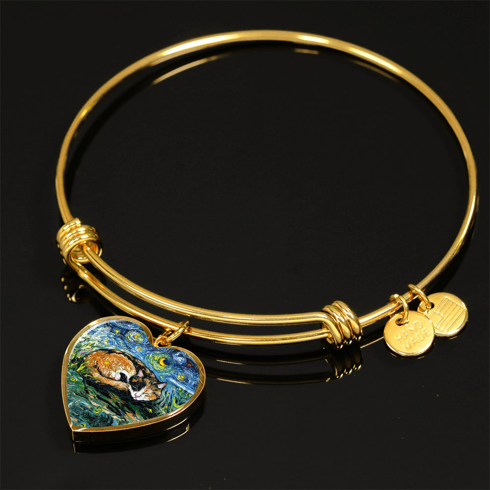 Sleeping Calico Cat Starry Night Heart Bangle Bracelet