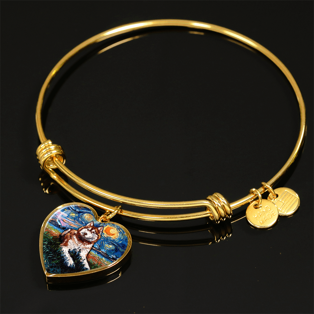 Red and White Husky Starry Night Heart Bangle Bracelet