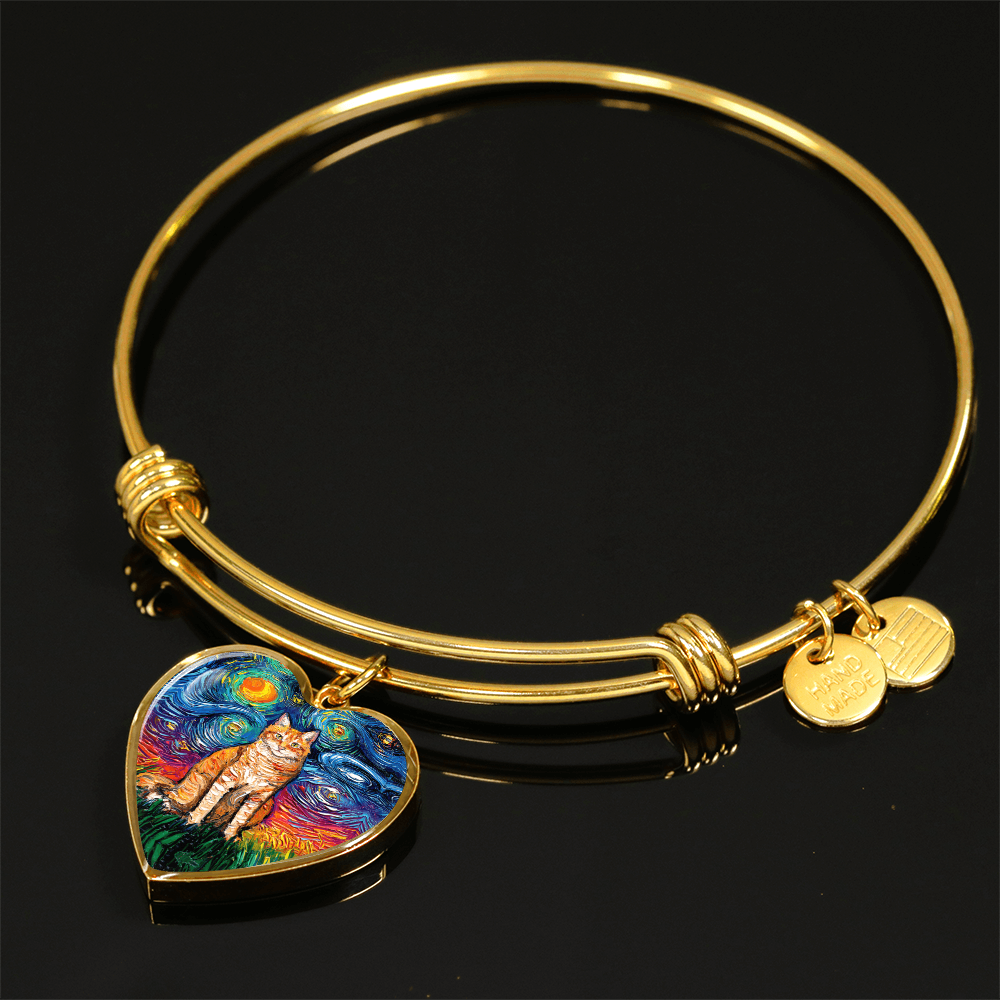 Seated Orange Tabby Cat Starry Night Heart Bangle Bracelet