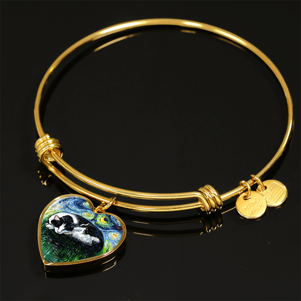 Sleeping Tuxedo Cat Starry Night Heart Bangle