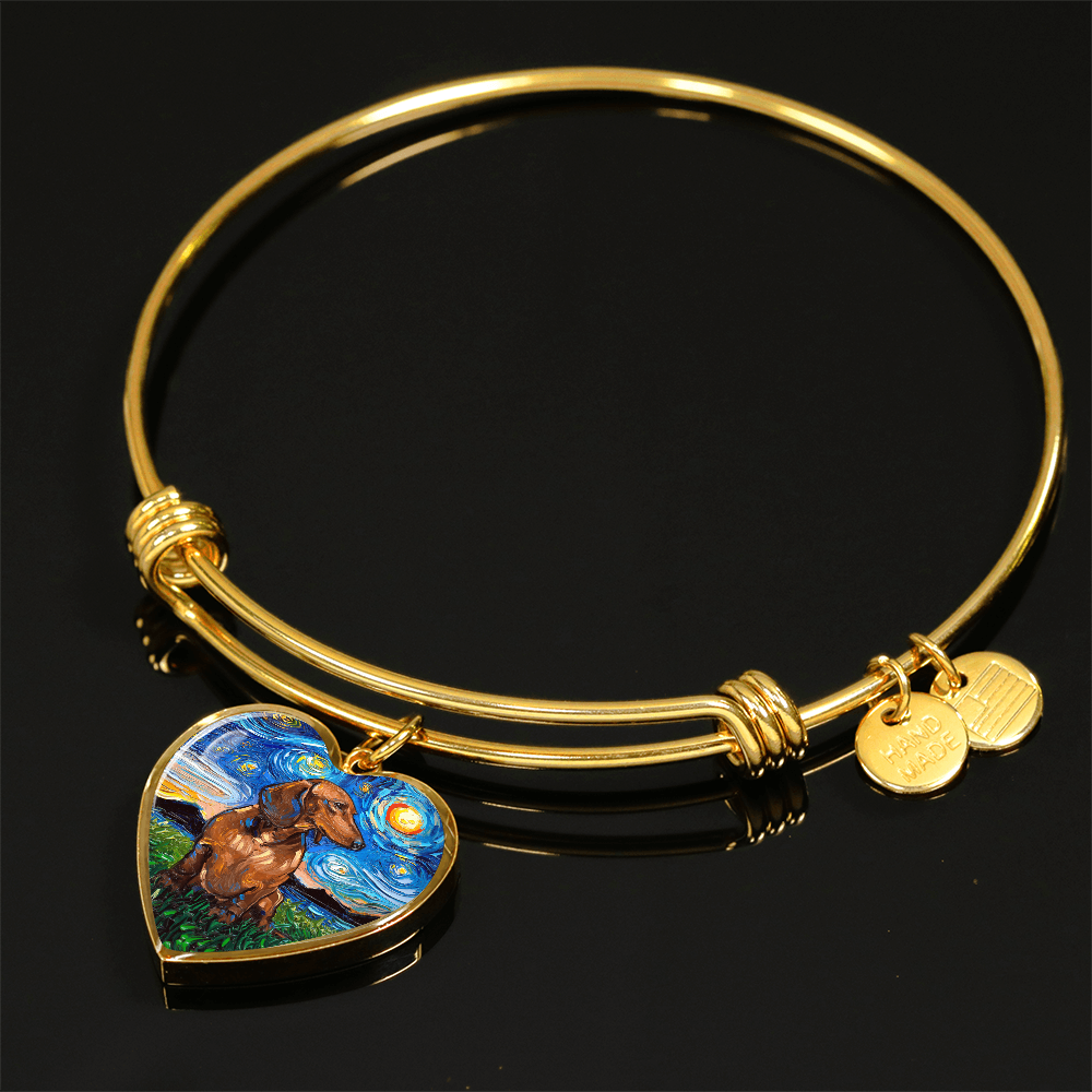 Brown Dachshund Starry Night Heart Bangle Bracelet