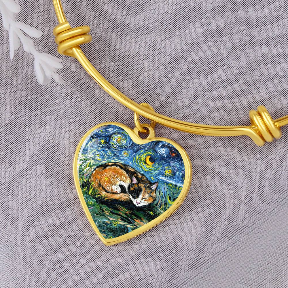Sleeping Calico Cat Starry Night Heart Bangle Bracelet