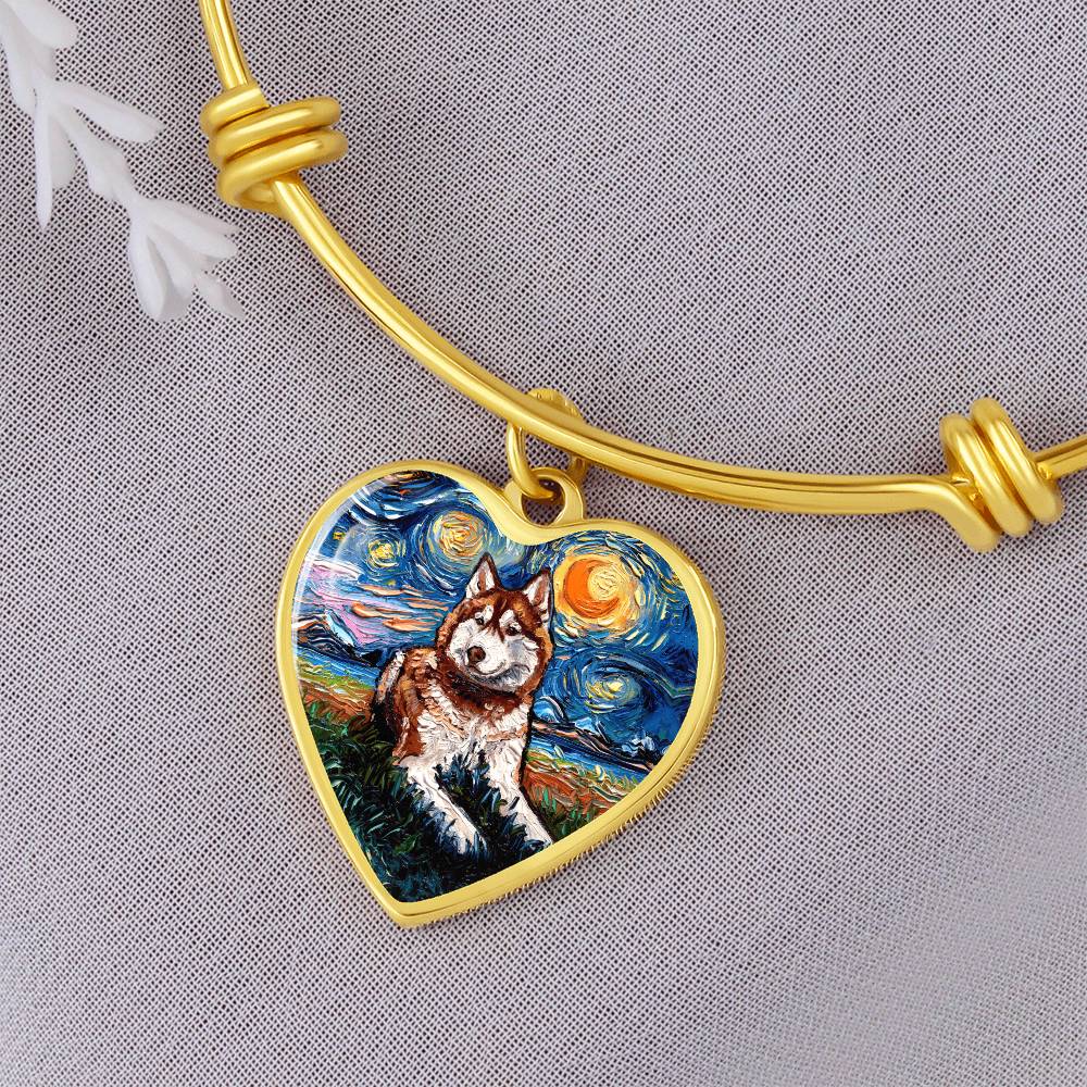 Red and White Husky Starry Night Heart Bangle Bracelet