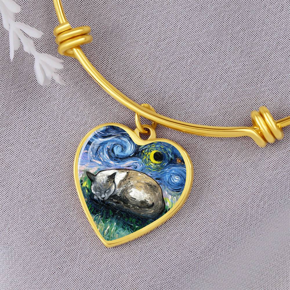 Sleeping Siamese Cat Starry Night Heart Bangle Bracelet