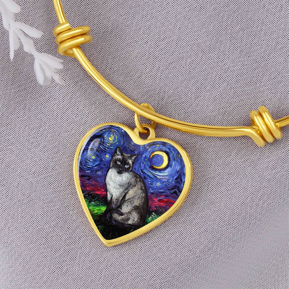 Siamese Cat Starry Night Heart Necklace