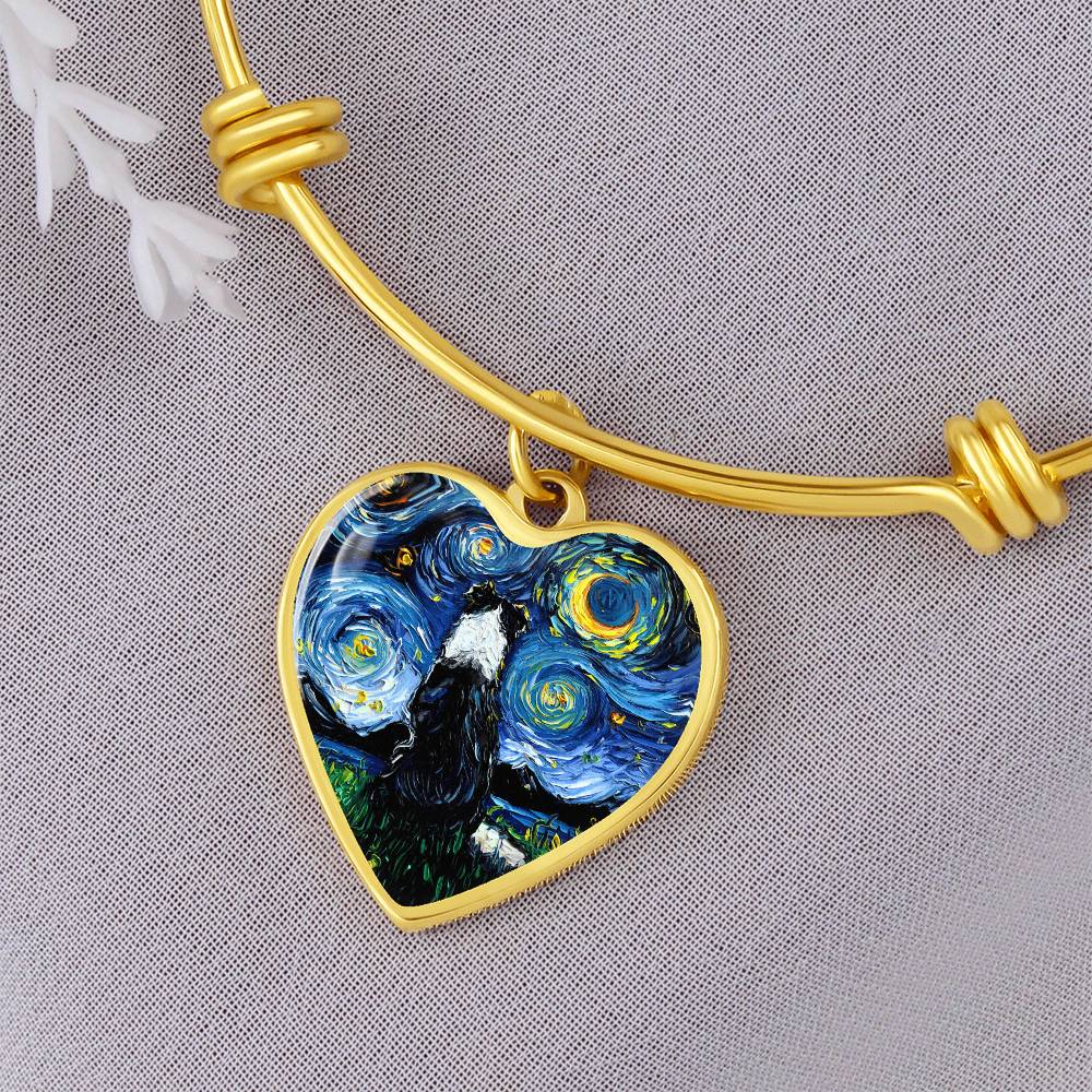 Border Collie Back Starry Night Heart Bangle Bracelet