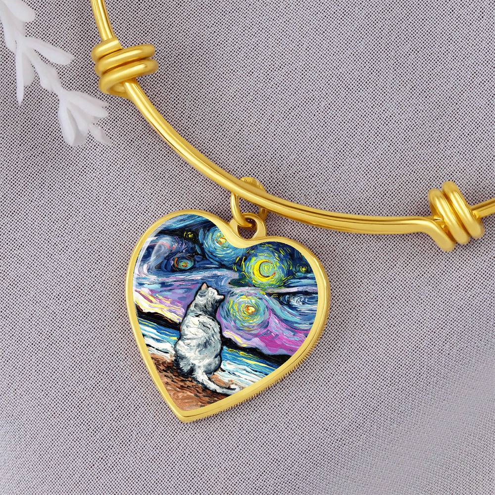White Cat Starry Night Heart Bangle