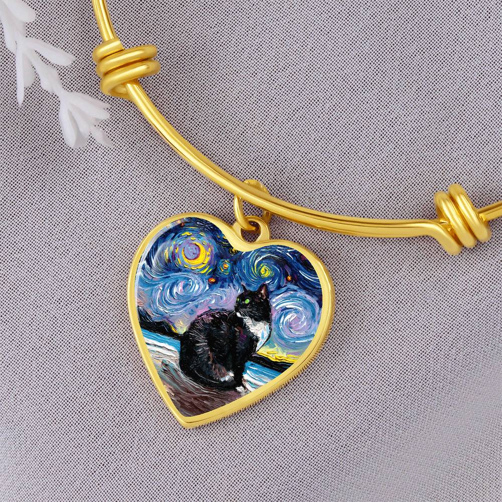 Tuxedo Cat with Green Eyes Starry Night Heart Bangle