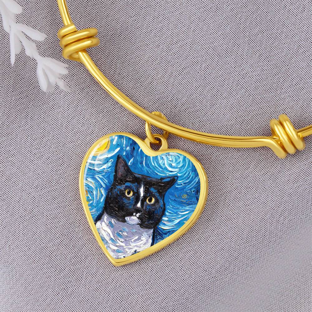 Tuxedo Cat Portrait Heart Bracelet