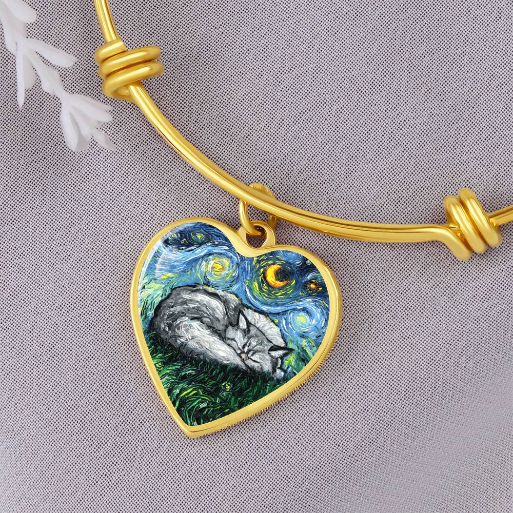 Sleeping Persian Cat Starry Night Heart Bangle Bracelet