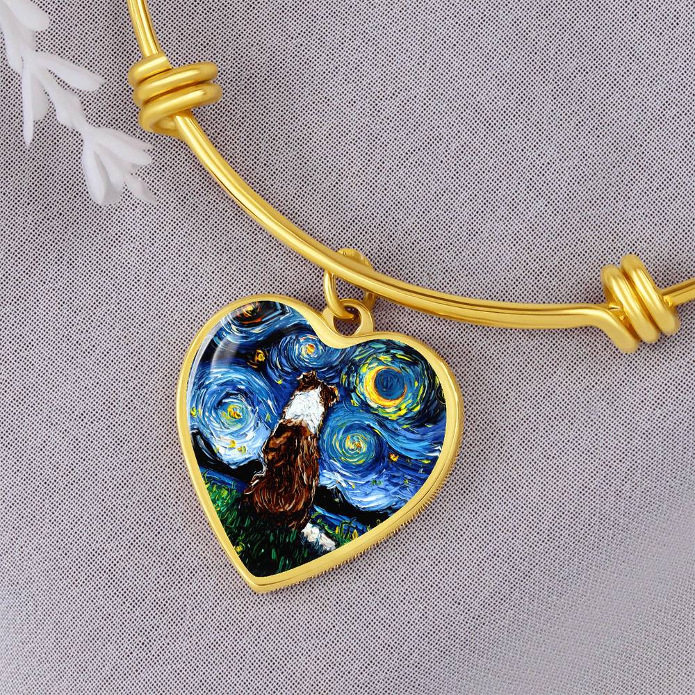 Red Border Collie Starry Night Heart Bangle Bracelet