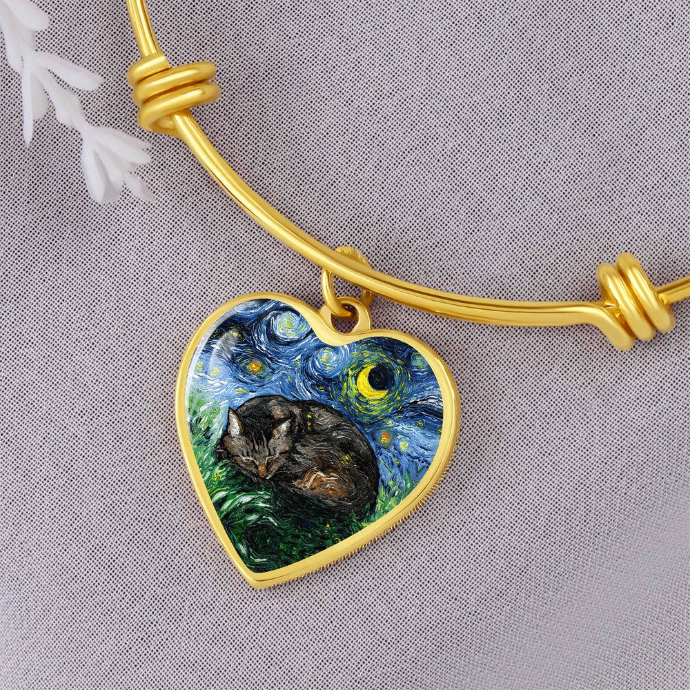 Sleeping Brown Tabby Cat Starry Night Heart Bangle Bracelet