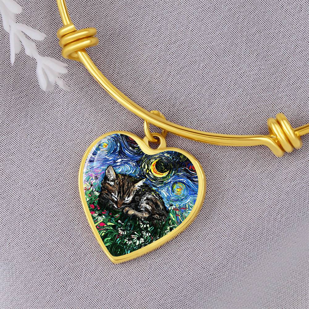 Sleeping Tabby Kitten Starry Night Heart Bangle