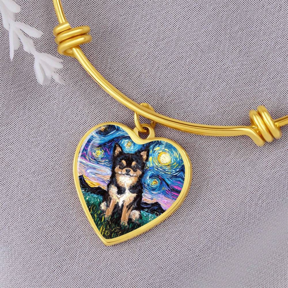 Black & Tan Long Hair Chihuahua Starry Night Heart Bangle