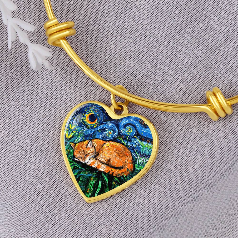 Sleeping Orange Tabby Cat Starry Night Heart Bangle Bracelet